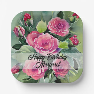 Aquarell Rote Rosen Alles Gute zum Geburtstag Pappteller