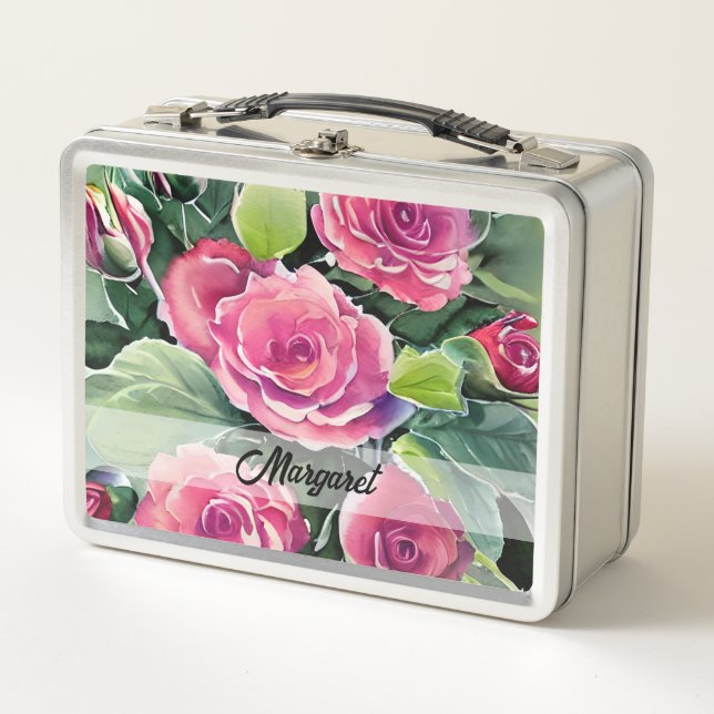 Aquarell-Rote-Rosen-Personalized Metall Brotdose (Vorderseite)
