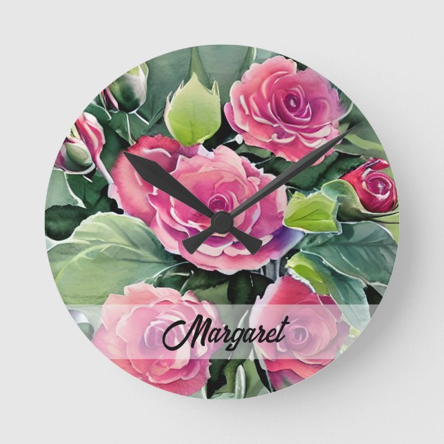 Aquarell-Rote-Rosen-Personalized Runde Wanduhr (Vorderseite)