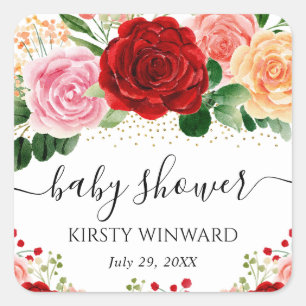 Aquarell Rote und Gelbe Rosen Babyparty Quadratischer Aufkleber