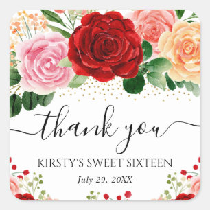 Aquarell-Rote und Gelbe Rosen Sweet Sixteen Quadratischer Aufkleber