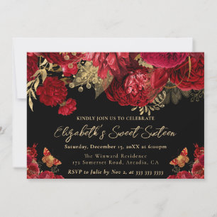 Aquarell rote und goldene Blumen Sweet Sixteen Einladung