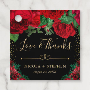 Aquarell Rote und Goldene Glamour-Rosen Hochzeit Geschenkanhänger