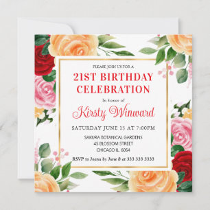 Aquarell Rote und Orange Rosen Blumen Geburtstag Einladung