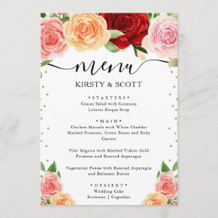 Aquarell Rote und Orange Rosen Hochzeit Menükarte