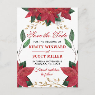 Aquarell-Rote-Weihnachtsstern-Hochzeit-Save-the-Da Postkarte