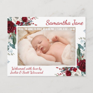 Aquarell Rote Winterblumen & Stechpalme Baby Gebur Ankündigungspostkarte