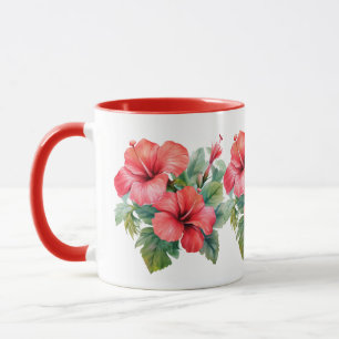 Aquarell Roter Hibiskus Tropische Blumen Grüne Pfl Tasse