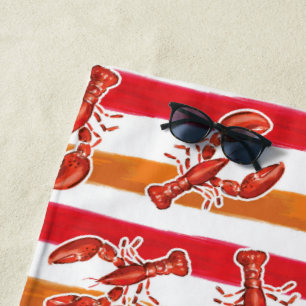 Aquarell Roter Hummer Orange Streifen Personalisie Strandtuch