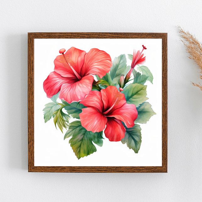 Aquarell roter leuchtender Hibiskus Blumen Grün  Poster (Red Hibiscus Tropical Floral Wall Art Print poster)