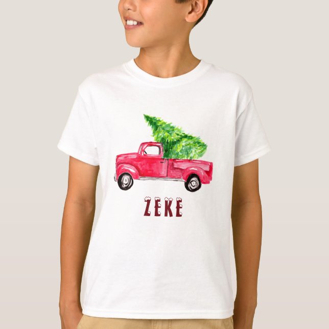 Aquarell Roter Lieferwagen Truck Weihnachtsbaum Ni T-Shirt (Vorderseite)