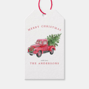 Aquarell Roter LKW Retro Weihnachten Geschenkanhänger