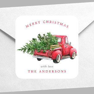 Aquarell-Roter-LKW-Vintage-Weihnachten Quadratischer Aufkleber