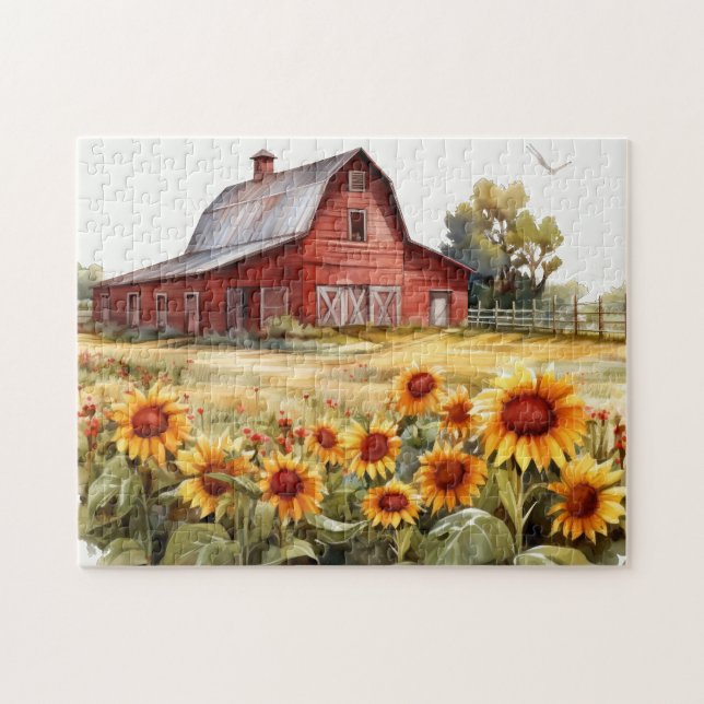 Aquarell Roter Stall mit Sonnenblumen Puzzle (Horizontal)
