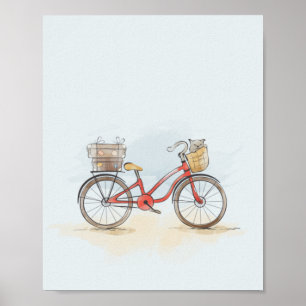 Aquarell Rotes Fahrrad und Katze Poster