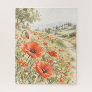 Aquarell Rotes Mohnfeld Toskana Landschaft Puzzle