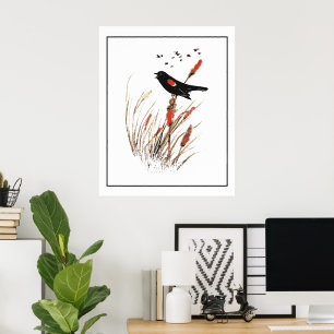 Aquarell Rotflügel-Schwarzdrossel Vogel Natur Kuns Poster