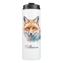 Aquarell Rotfuchs-Porträt mit individuellem Namen Thermosbecher