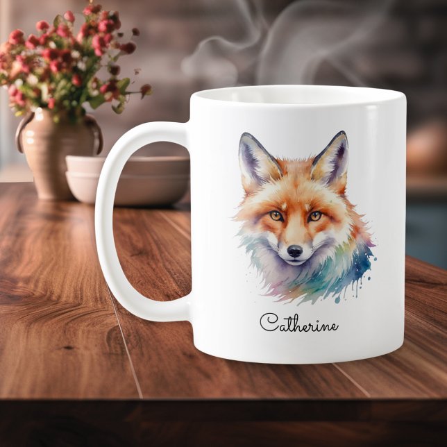 Aquarell Rotfuchs Wildtier Tier Personalisiert Kaffeetasse (A mug with red fox illustration in a watercolor style, personalized with a name in script typography)