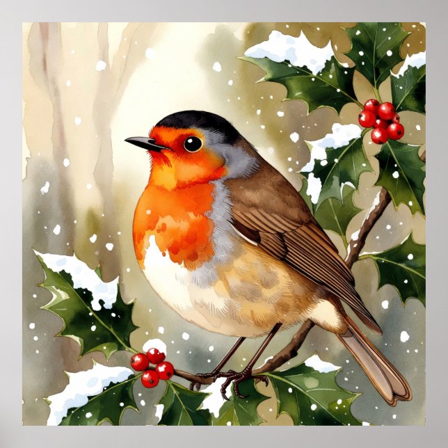 Aquarell-Rotkehlchen-Weihnachtsdesign Poster (Vorne)