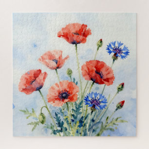 Aquarell-Rotmohn-Blau-Kornblumen-Sträußchen Puzzle