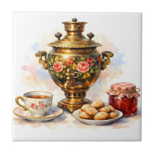Aquarell Russischer Samowar mit Keksen und Marmela Fliese