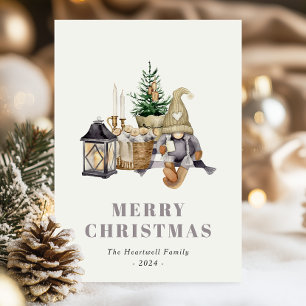 Aquarell Rustic Hygge Gnom Weihnachtspostkarte Feiertagspostkarte