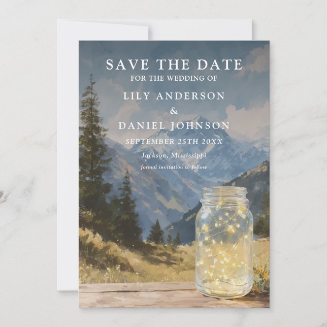 Aquarell Rustik Boho Berg Mason Glas Hochzeit Save The Date (Vorderseite)