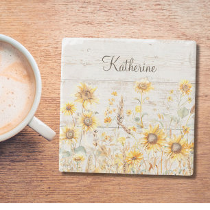 Aquarell Rustik Gelbe Sonnenblume Garten Holz Steinuntersetzer