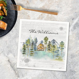 Aquarell Rustik Nebeliger Wald Berghütte Serviette