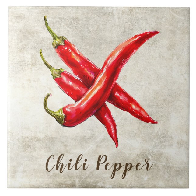 Aquarell Rustik Rote Chili Paprika Faux Textur  Fliese (Vorderseite)