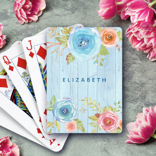 Aquarell-Rustikal-Blau-Holz mit individuellem Name Spielkarten