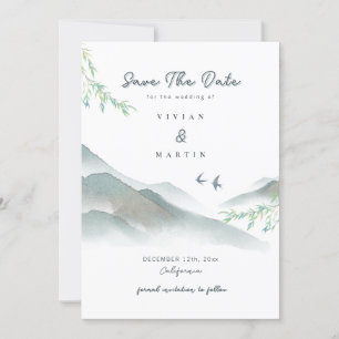 Aquarell Rustikale Grünpflanzen Berg Save The Date Einladung
