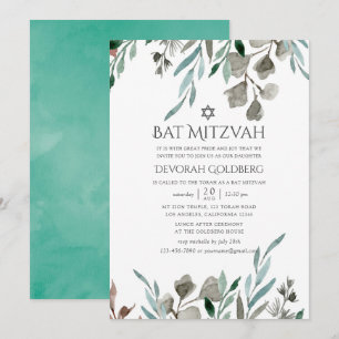 Aquarell Rustikale Grünpflanzen Winter Bat Mitzvah Einladung