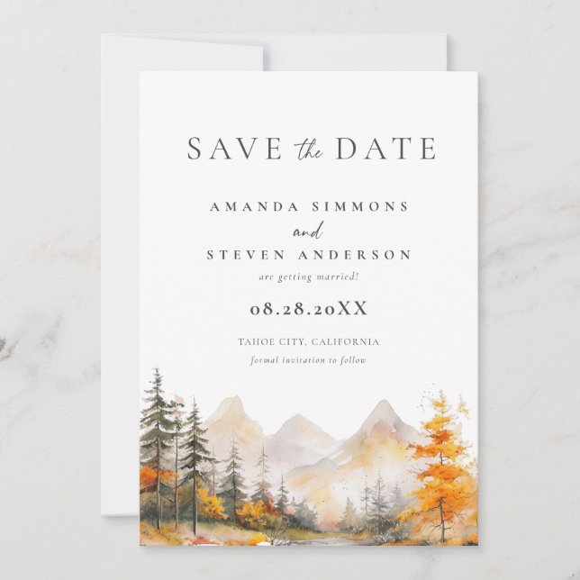 Aquarell Rustikale Herbst-Bergwald-Hochzeit Save The Date (Vorderseite)