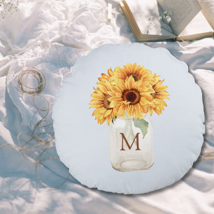 Aquarell Rustikale Sonnenblume Bouquet im Mason Ja Rundes Kissen