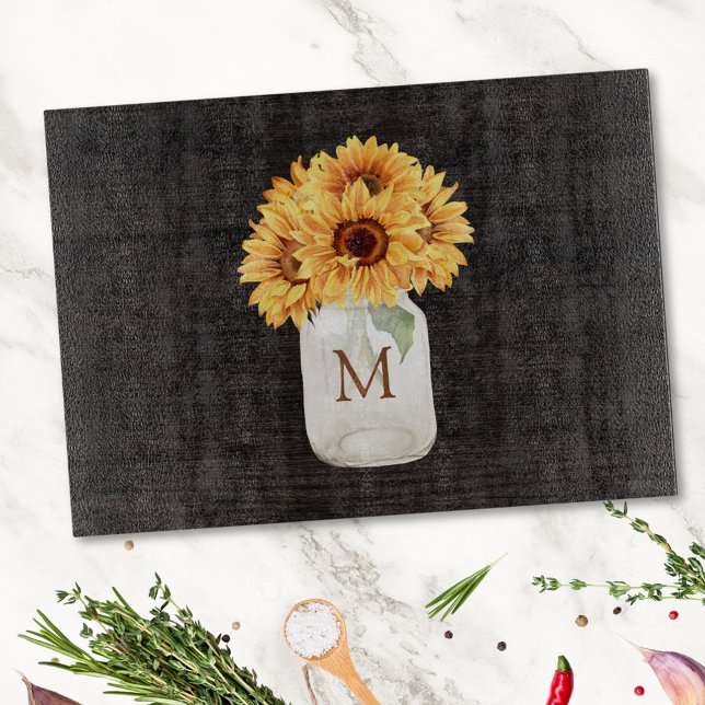 Aquarell Rustikale Sonnenblume Bouquet im Mason Ja Schneidebrett (In situ)