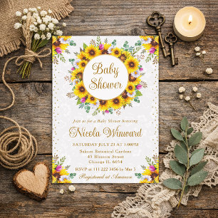 Aquarell Rustikale Sonnenblumen Kranz Babyparty Einladung