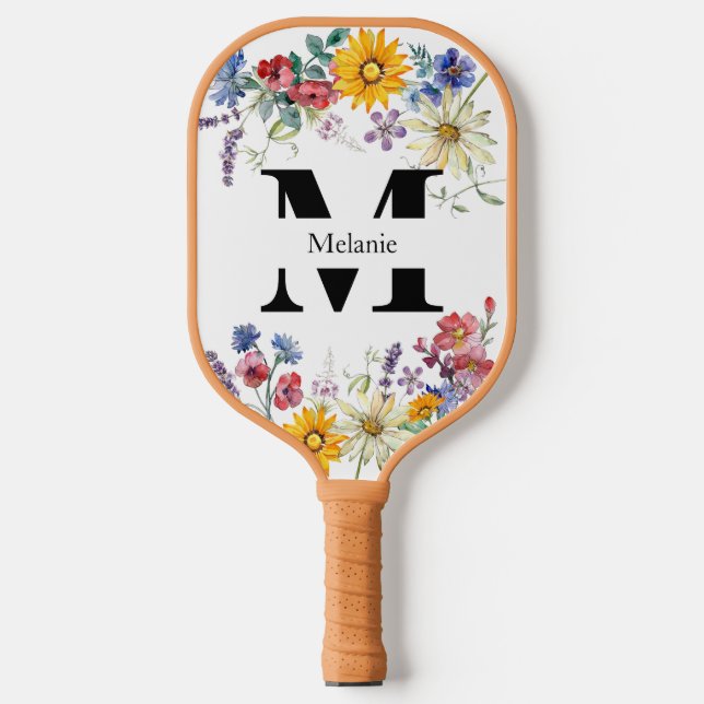Aquarell Rustikale Wildblumen Monogramm Pickleball Schläger (Vorderseite)