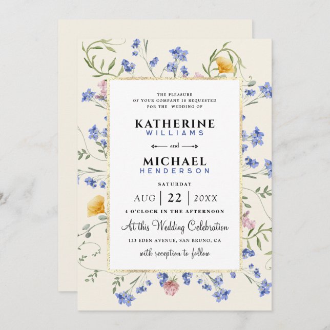 Aquarell Rustikale Wildblumen Wiesen Hochzeit Foil Einladung (Vorne/Hinten)