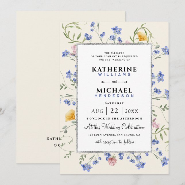 Aquarell Rustikale Wildblumen Wiesen Hochzeit Foil Einladung (Vorne/Hinten)