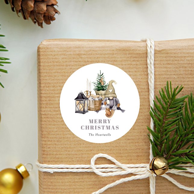 Aquarell Rustikaler Gnome Holiday Runder Aufkleber (Von Creator hochgeladen)