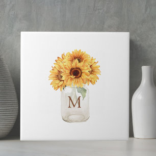 Aquarell-Rustikaler Sonnenblumenstrauß im Mason-Gl Fliese