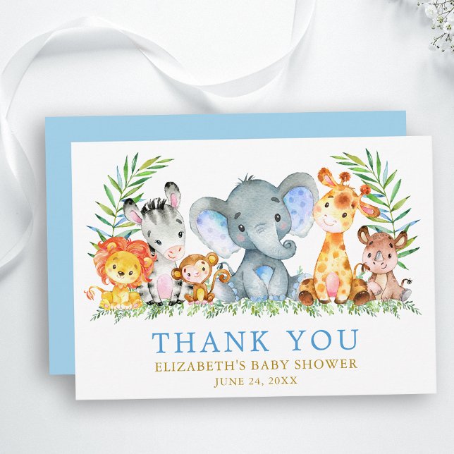 Aquarell Safari Tiere Baby Dusche Blue Gold Dankeskarte (Customize to change text color, size, text style, add text to back or change color of back of card.)