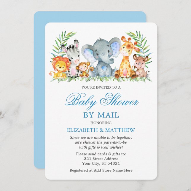 Aquarell Safari Tiere Blaue Dusche von Mail Einladung (Vorne/Hinten)
