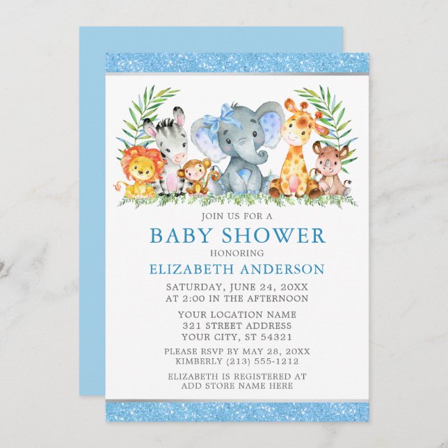 Aquarell Safari Tiere Dusche Blue Bow Glitzer Einladung (Vorne/Hinten)