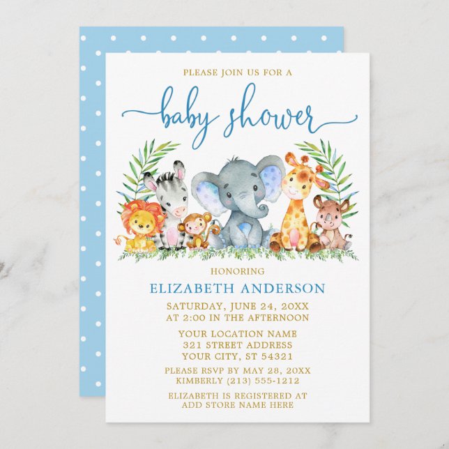 Aquarell Safari Tiere Dusche Blue Script Gold Einladung (Vorne/Hinten)