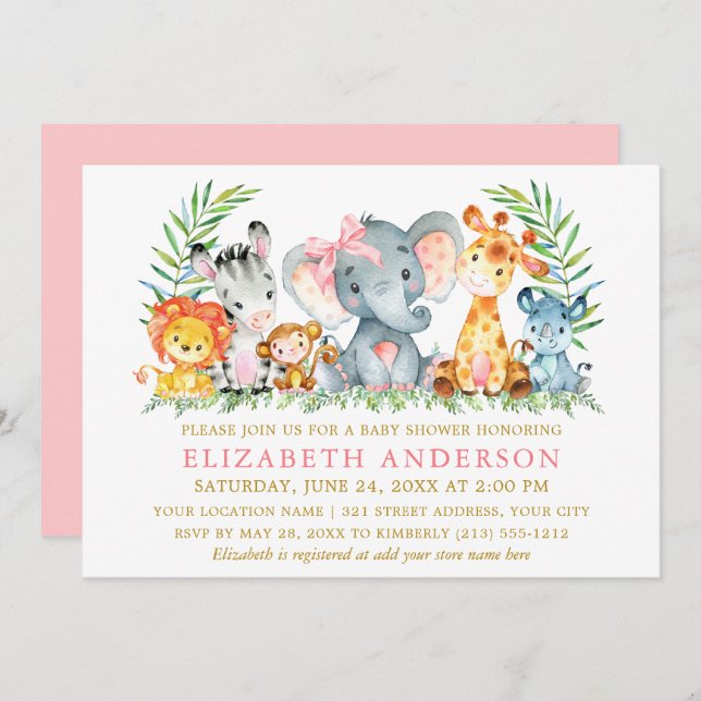 Aquarell Safari Tiere Kinderdusche Rosa Bow Einladung (Vorne/Hinten)