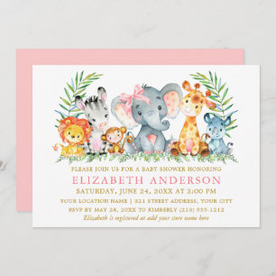 Aquarell Safari Tiere Kinderdusche Rosa Bow Einladung