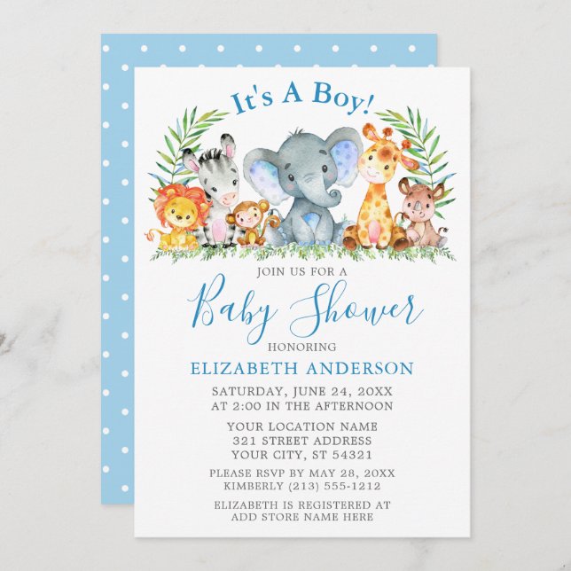 Aquarell Safari Tiere Polka Dots Blue Dusche Einladung (Vorne/Hinten)